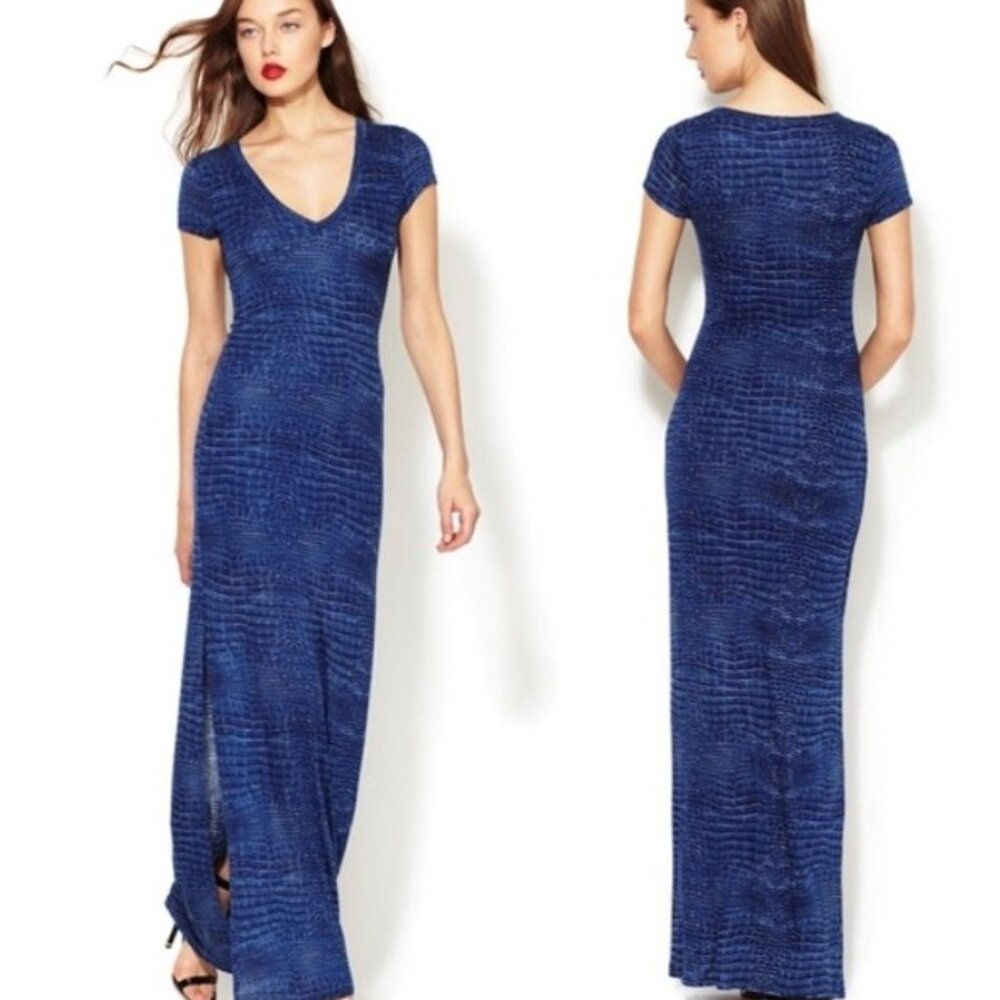 BCBGMaxAzria "Saska" Crocodile-Print Cap-Sleeve Side-Slit V-Neck Maxi Dress XXS